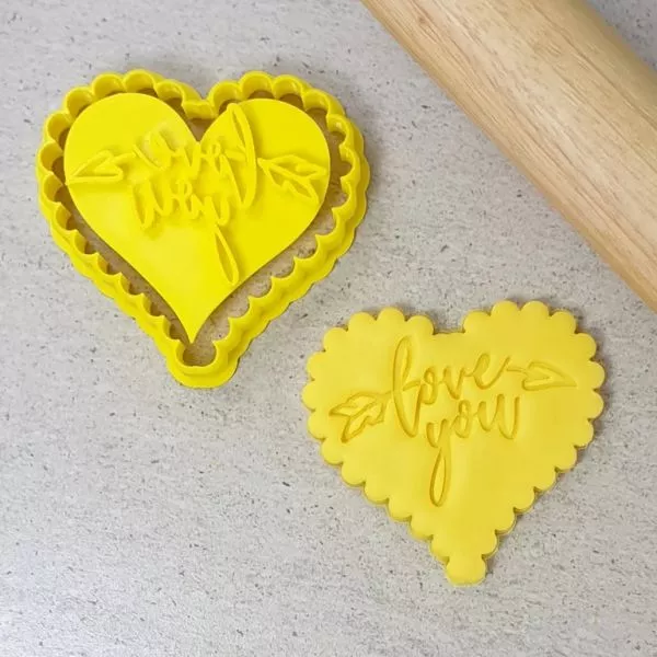 Custom Cookie Cutters Love You Embosser with Scalloped Heart Cutter Set
