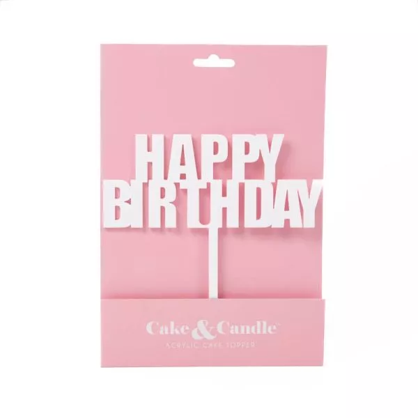 Cake and Candle Bold Happy Birthday Topper - White