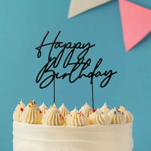 Cake and Candle Black Metal Happy Birthday topper
