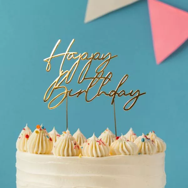 Cake and Candle Gold Metal Happy Birthday topper