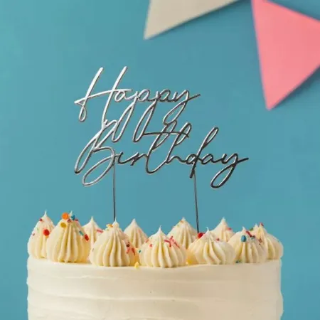 Cake and Candle Silver Metal Happy Birthday topper