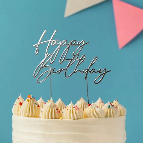 Cake and Candle Silver Metal Happy Birthday topper