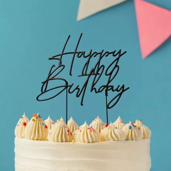 Cake and Candle Metal Black Happy Birthday topper