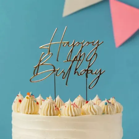 Cake and Candle Metal Gold Happy Birthday topper