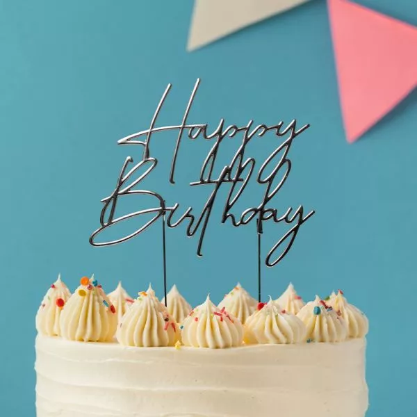 Cake and Candle Metal Silver Happy Birthday topper