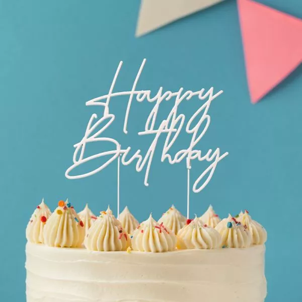 Cake and Candle Metal White Happy Birthday topper