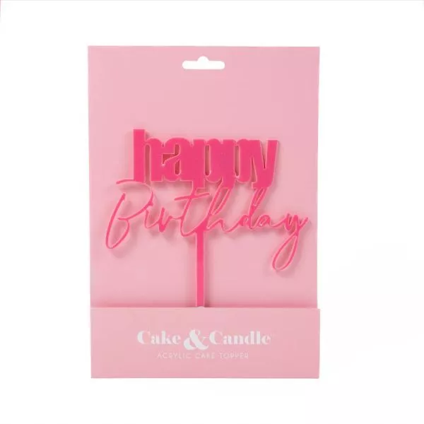 Cake and Candle Cursive Happy Birthday Topper - Pink