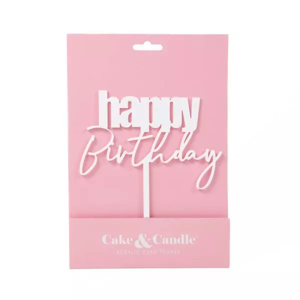 Cake and Candle Cursive Happy Birthday Topper - White