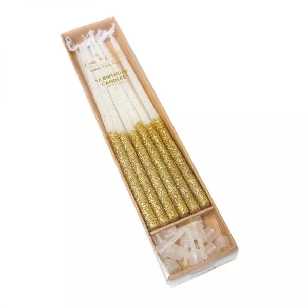 Cake and Candle Gold glitter dipped candles