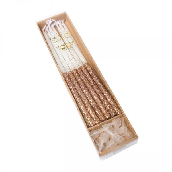 Cake and Candle Rose Gold glitter dipped candles