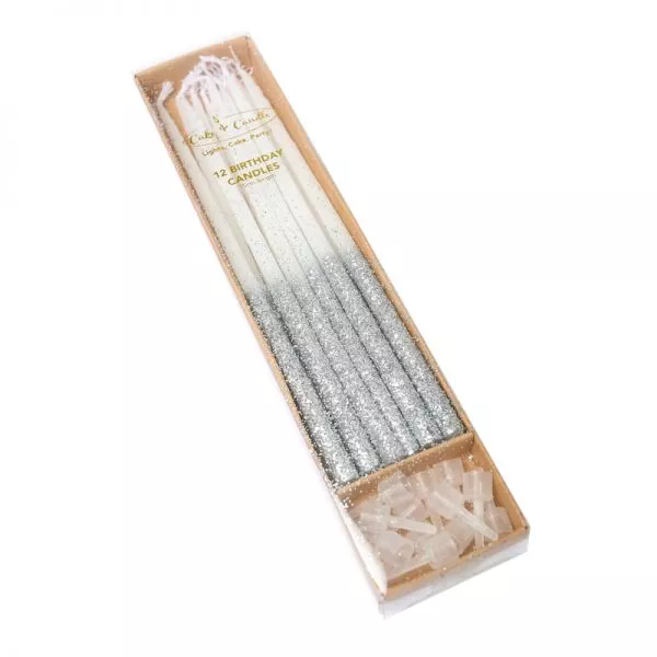 Cake and Candle Silver glitter dipped candles
