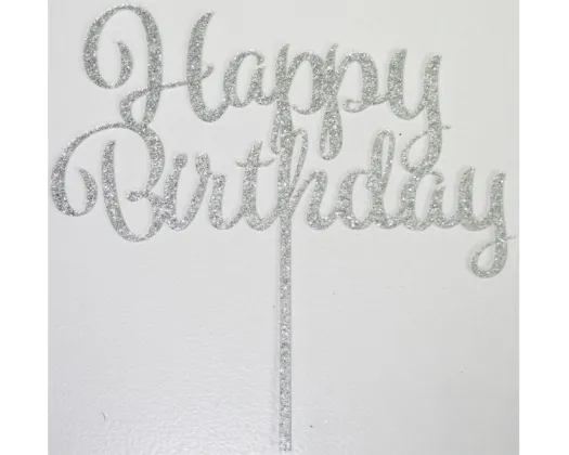 Glitter Silver Happy Birthday Topper
